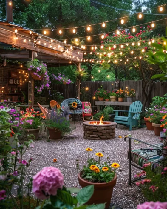 Colourful Fire Pit Garden with String Lights