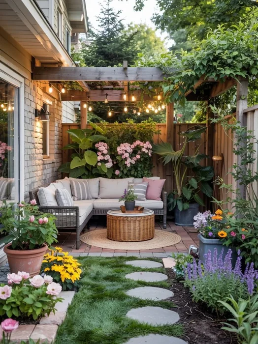 Small Cosy Patio with Rattan Furniture and Vines