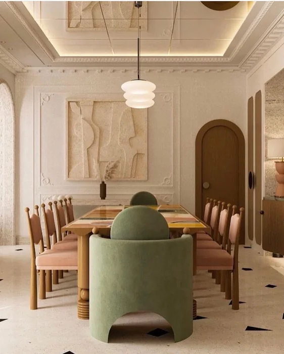 Sculptural Plaster Relief Wall Art in Formal Dining