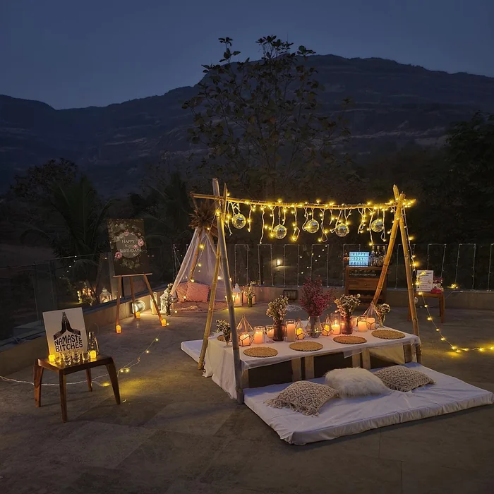 Boho Outdoor Rooftop Birthday Night Setup