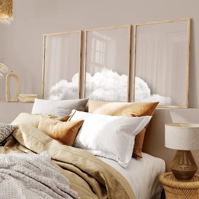 Triple Cloud Art Prints Above Boho Bed