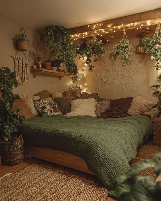 Green Boho Bedroom with Fairy Lights