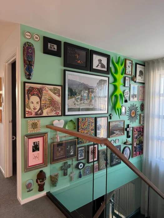 Maximalist Green Gallery Wall Staircase