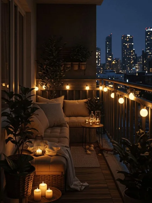 High-Rise Apartment Balcony with City View and Candles