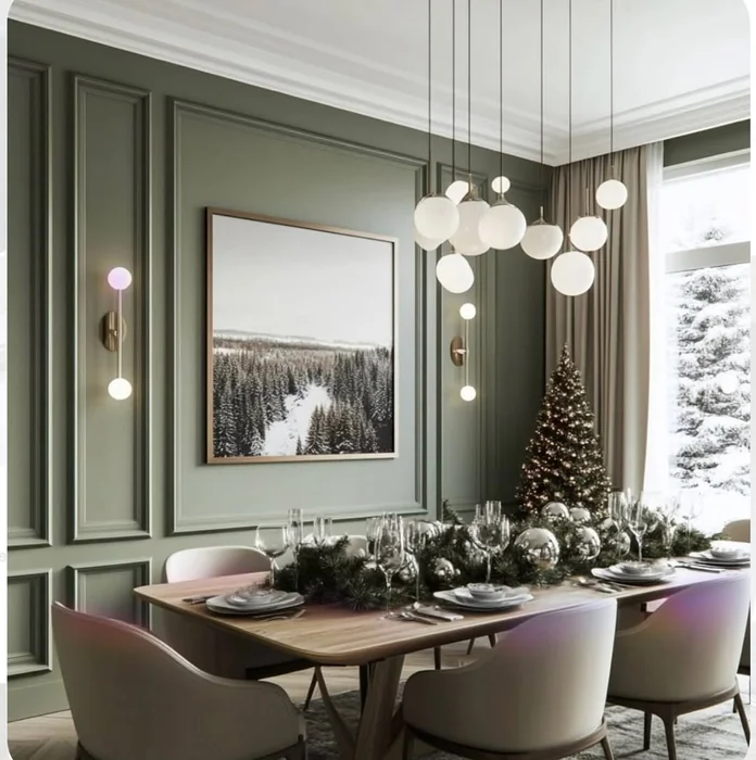 Modern Sage Paneled Wall with Landscape Art and Sconces