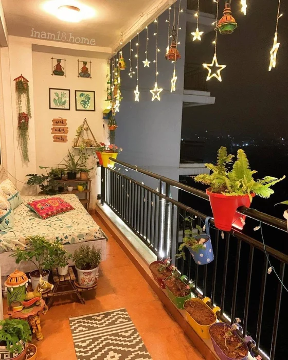 Colorful Indian Balcony with Star Lights and Railing Planters
