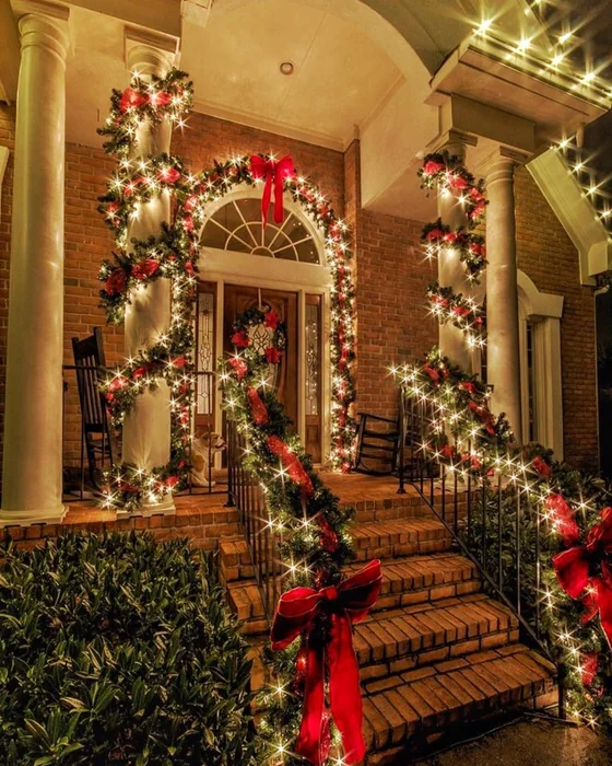 Dramatic Nighttime Porch Garland Display