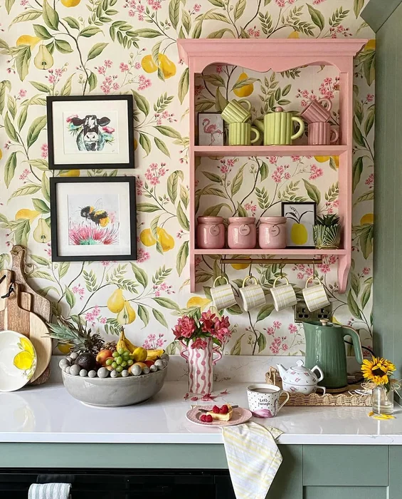 Painted Wall Shelf with Framed Art on Floral Wallpaper
