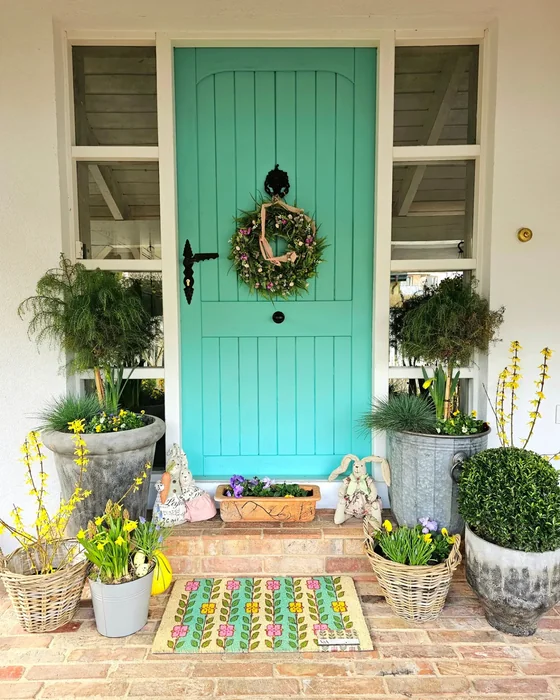 Teal Front Door with Easter Spring Flowers