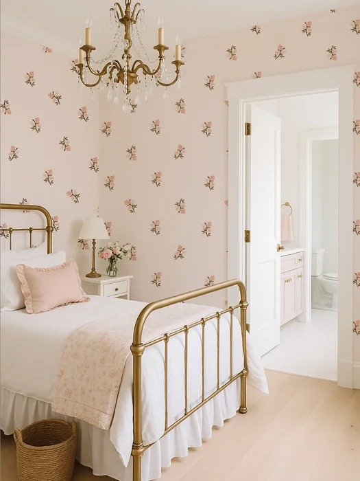 French Country Pink Floral Wallpaper Bedroom with Gold Chandelier