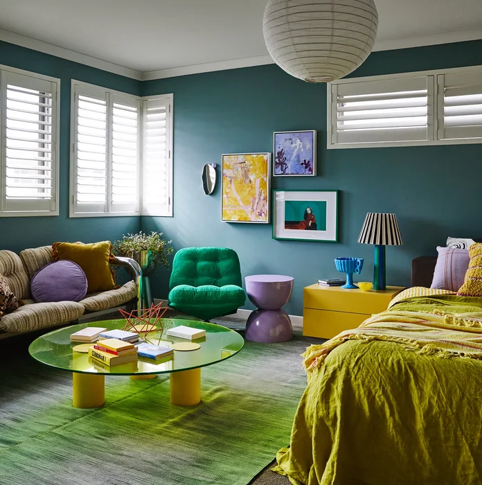 Colorful Eclectic Bedroom with Teal Accent Wall Gallery