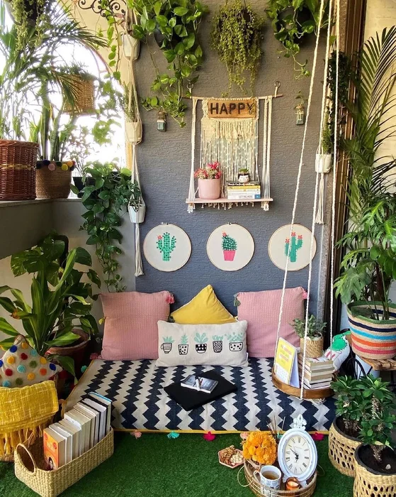 Boho Balcony with Money Plant Hangings