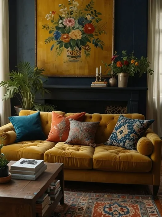 Large Floral Painting Above Sofa