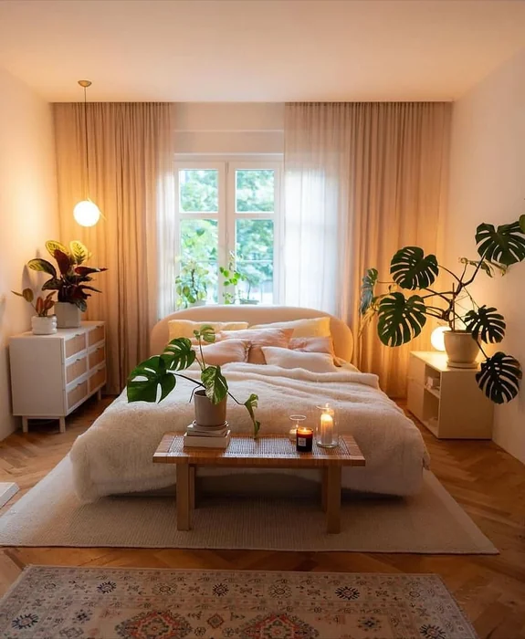 Warm Plant-Filled Cozy Small Bedroom