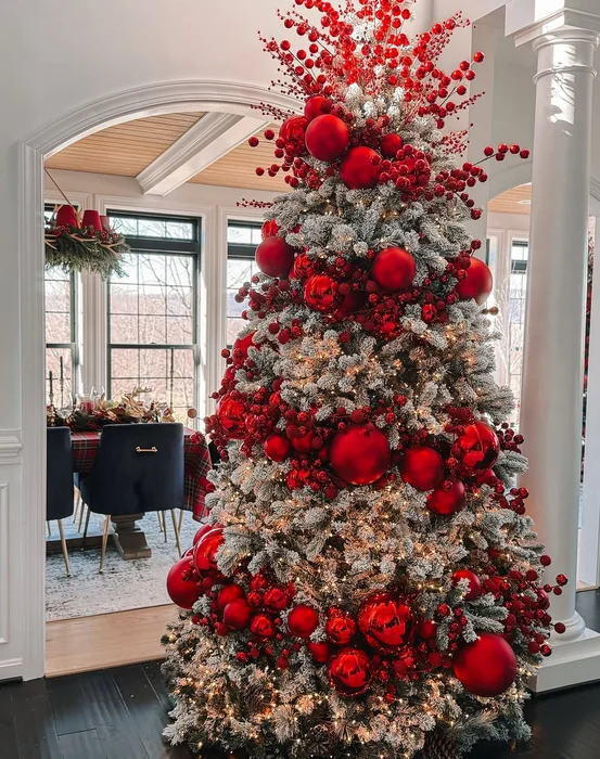 Bold Red Ornament Flocked Christmas Tree