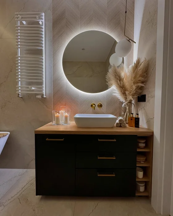 Boho Glam Bathroom with LED Mirror and Pampas Grass