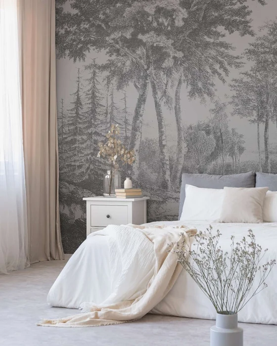 Neutral Bedroom with Forest Engraving Mural Wallpaper