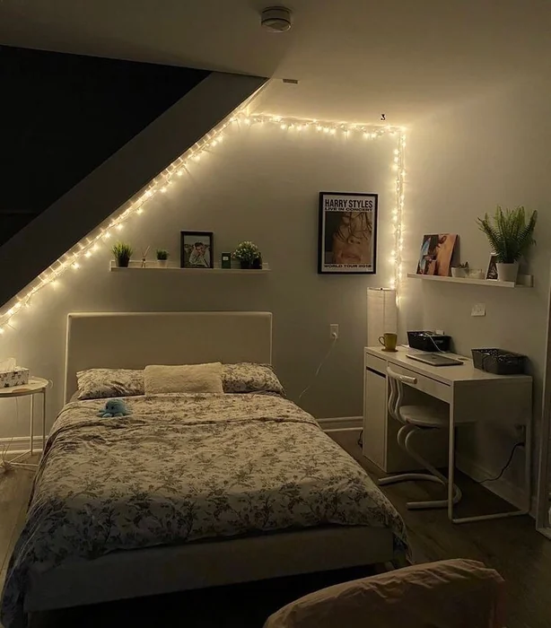 Cozy Dorm with Wall Shelves & Fairy Lights