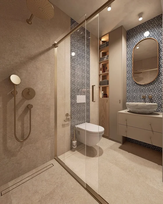 Warm Earthy Small Bathroom with Patterned Tile Accent