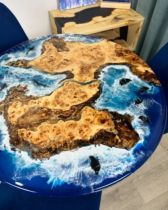 Round Epoxy Resin Burl Wood Table — Ocean Wave Design