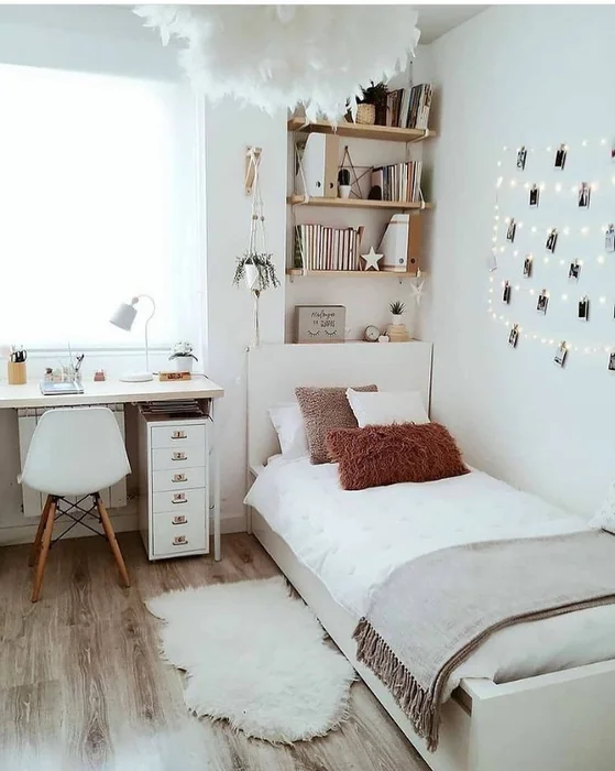 White Small Bedroom with Desk, Shelves & Fairy Lights