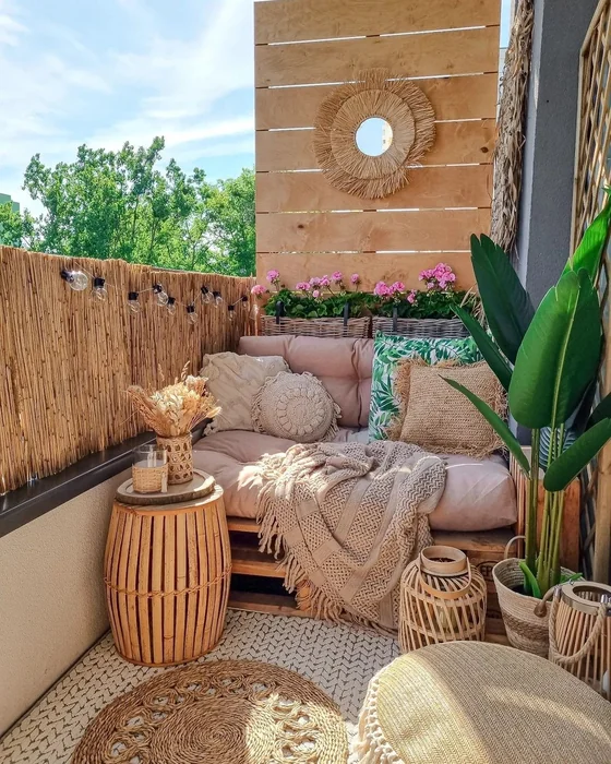 Full Boho Balcony with Reed Screen and Rattan Mirror