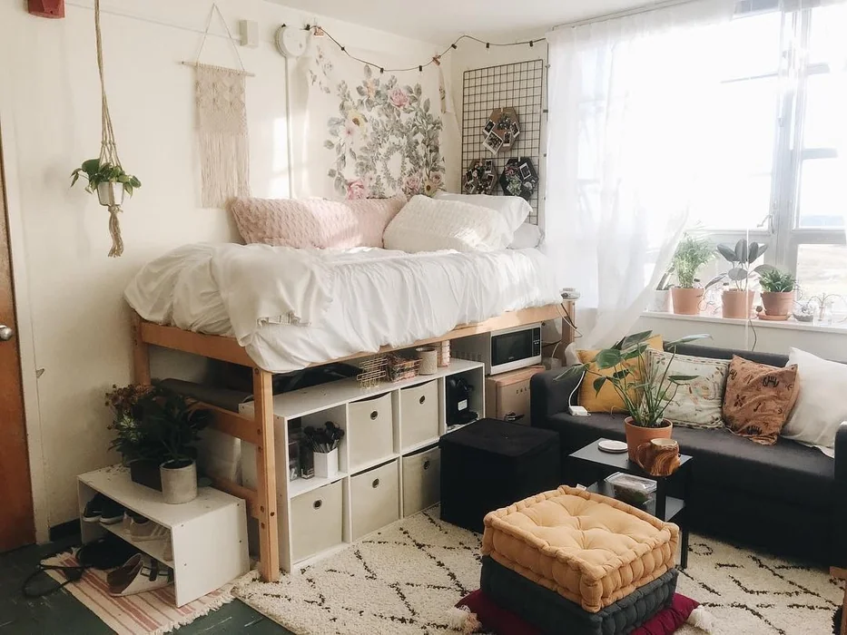 Boho Lofted Dorm with Plants & Living Space