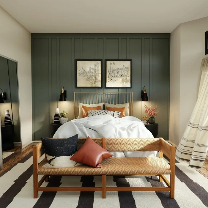 Modern Small Bedroom with Dark Green Accent Wall