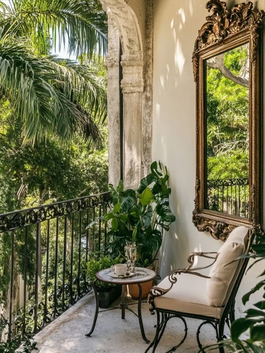 French Vintage Balcony with Ornate Mirror and Wrought Iron