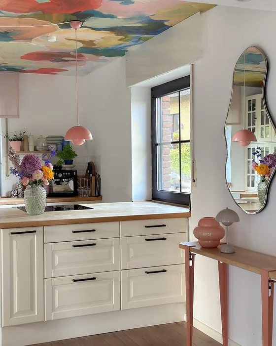 Painted Mural Ceiling and Wavy Mirror Kitchen Wall Decor