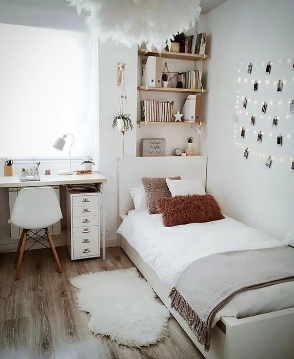 Neutral Minimalist Dorm with Photo Wall