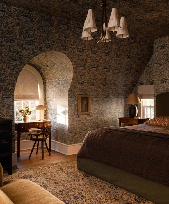 Gothic Maximalist Bedroom with Intricate All-Over Wallpaper
