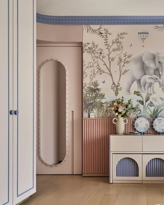 Whimsical Princess Bedroom with Chinoiserie Elephant Mural and Oval Mirror