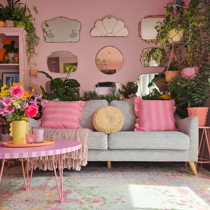 Mirror Gallery Wall in Pink Living Room