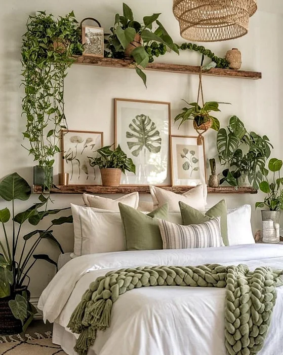 Boho Green Bedroom with Plant Shelf and Botanical Art Above Bed