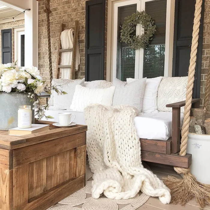 Farmhouse Porch Swing with Chunky Knit Throw