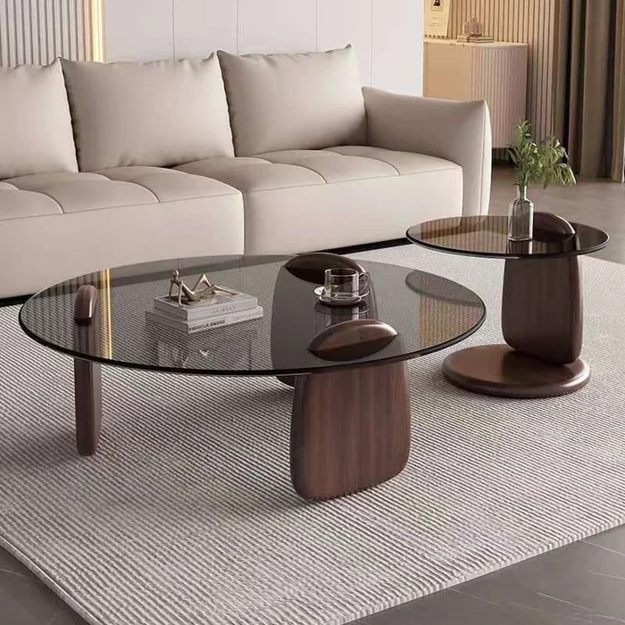 Smoked Glass Round Coffee Table with Sculptural Walnut Base