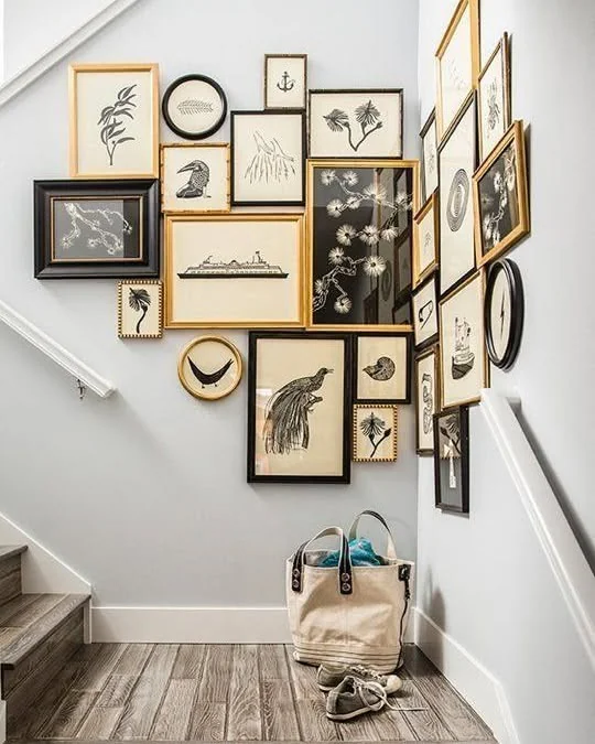 Black & Gold Gallery Wall Up the Stairs