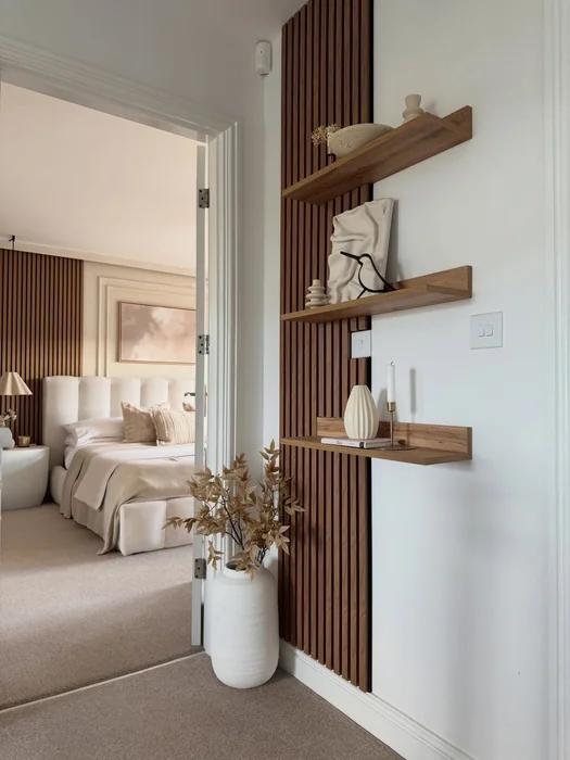 Modern Japandi Floating Shelf Wall Decor with Wood Slat Panel