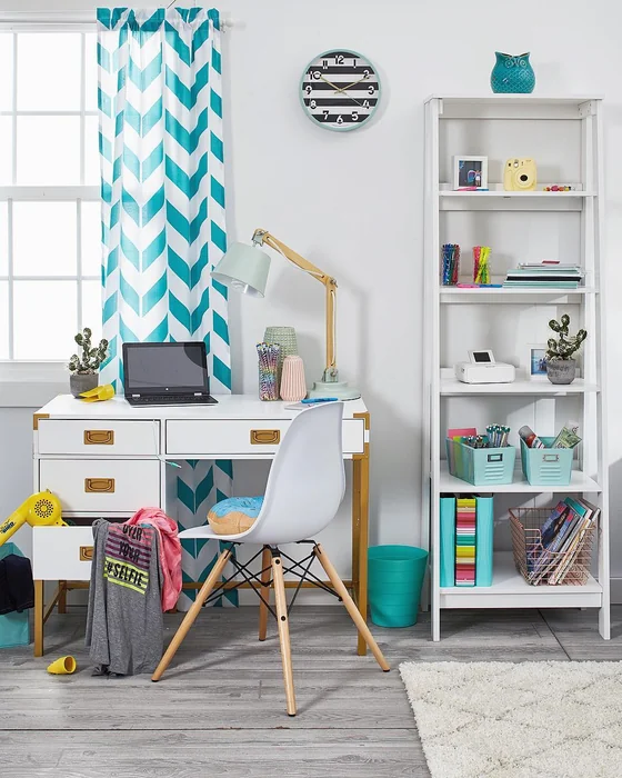Colorful Teal Dorm Desk & Shelf Setup