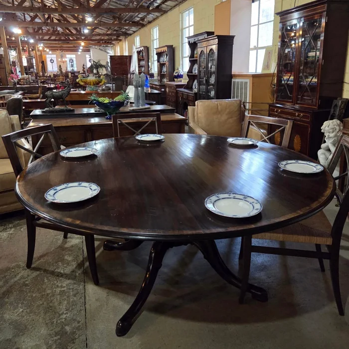 Large Dark Wood Round Dining Table — Antique Pedestal Style