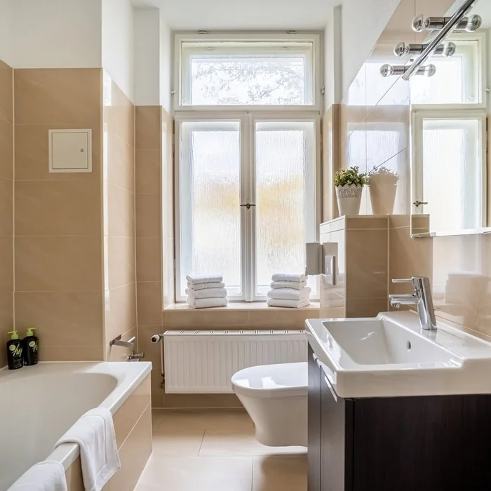 Neutral Beige Apartment Bathroom with Bathtub