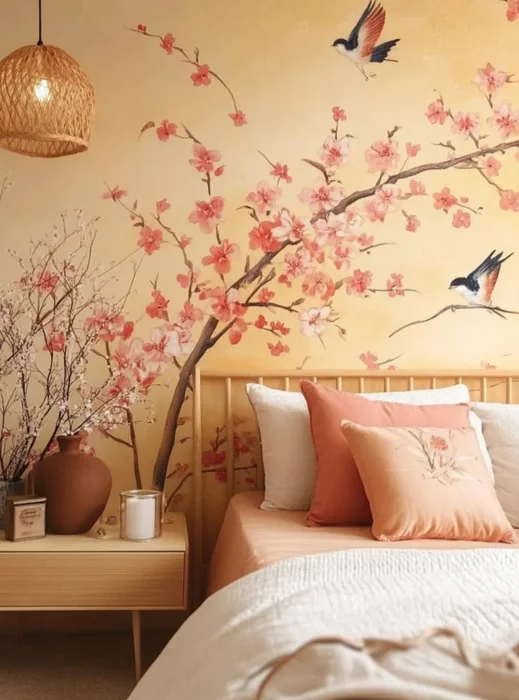 Asian-Inspired Cherry Blossom Mural Bedroom Wall