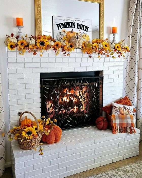 Fall Fireplace Mantel with Pumpkins & Sunflowers