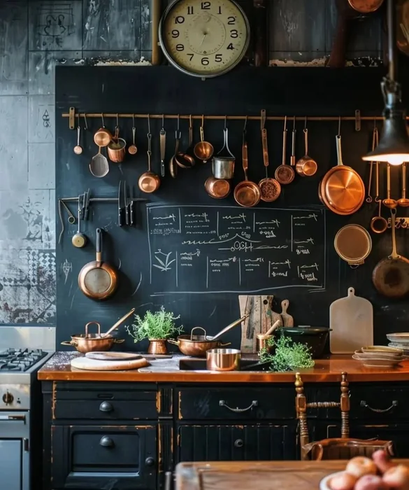 Chalkboard Kitchen Wall with Hanging Copper Cookware