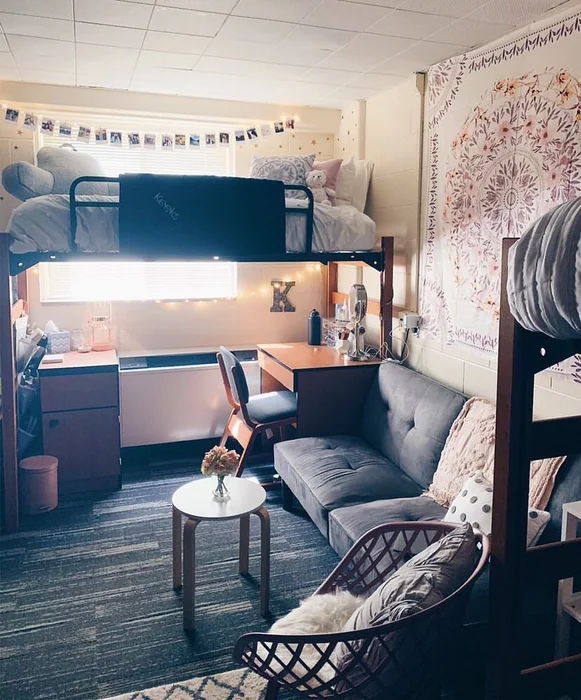 Shared Dorm with Loft Beds & Boho Tapestry