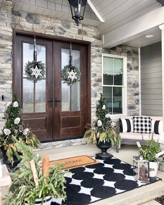 Stone House Double Door with Snowflake Wreaths
