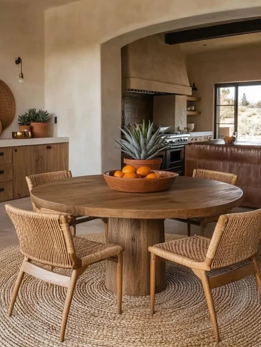 Round Wood Dining Table — Rustic Boho Kitchen with Rattan Chairs