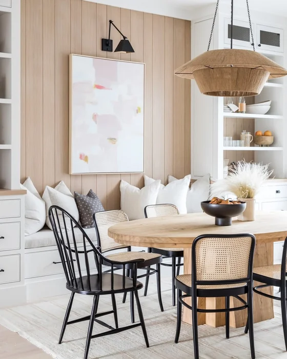 Neutral Shiplap Wall with Abstract Art and Sconce