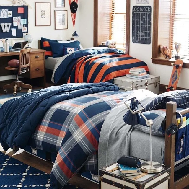 Boys' Shared Dorm in Navy, Orange & Plaid